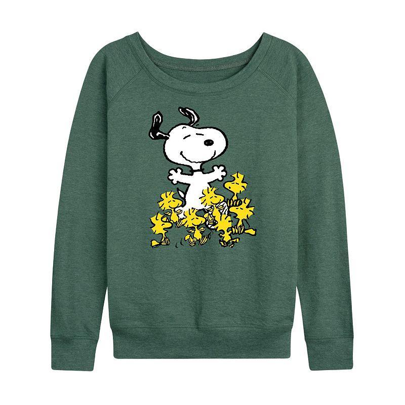 Womens Peanuts Snoopy Woodstock Party Slouchy Graphic Sweatshirt Green Product Image