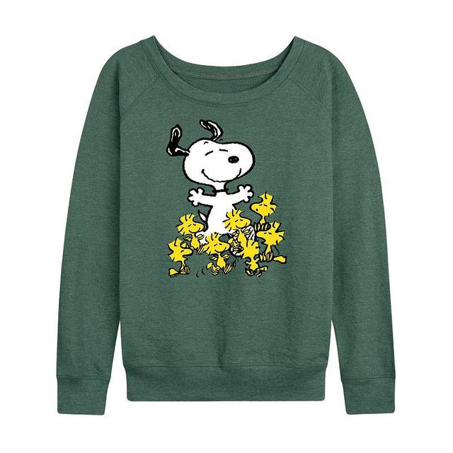 Womens Peanuts Snoopy Woodstock Party Slouchy Graphic Sweatshirt, Girls Grey Green Product Image