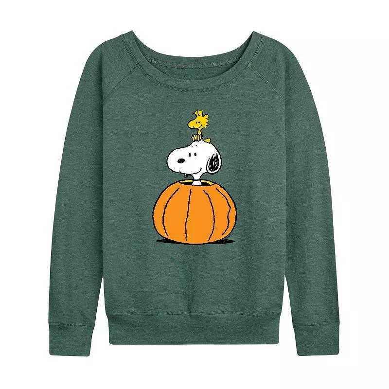 Womens Peanuts Snoopy & Woodstock Pumpkin Pullover Grey Green Product Image