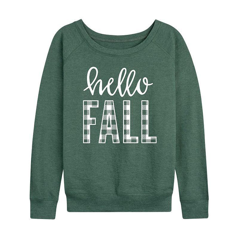 Womens Hello Fall Plaid Slouchy Graphic Sweatshirt, Girls Grey Green Product Image