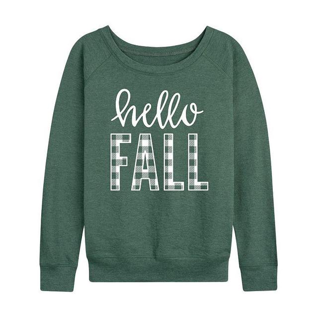 Womens Hello Fall Plaid Slouchy Graphic Sweatshirt, Girls Grey Green Product Image