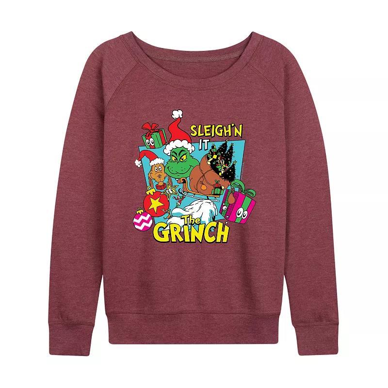 Womens Dr. Seuss The Grinch Sleighn It Lightweight French Terry Sweatshirt Grey Dark Red Product Image