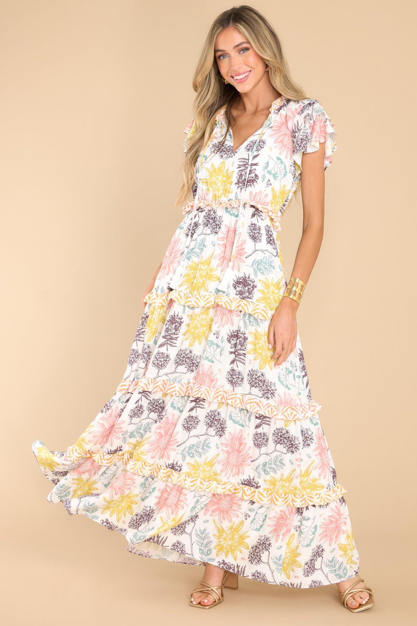 Aura If You Dare Ivory Multi Floral Print Maxi Dress Product Image