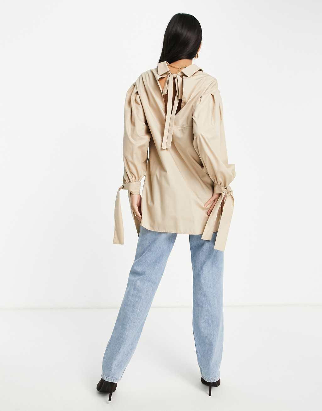 Topshop tie back oversized shirt in camel  Product Image