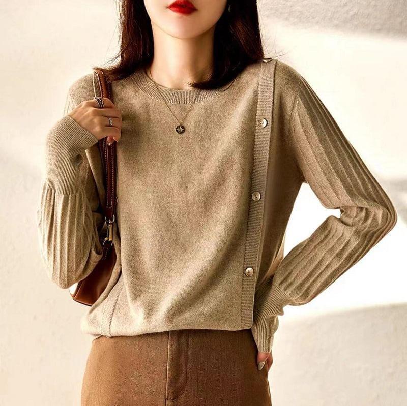 Crew Neck Plain Button Sweater Product Image