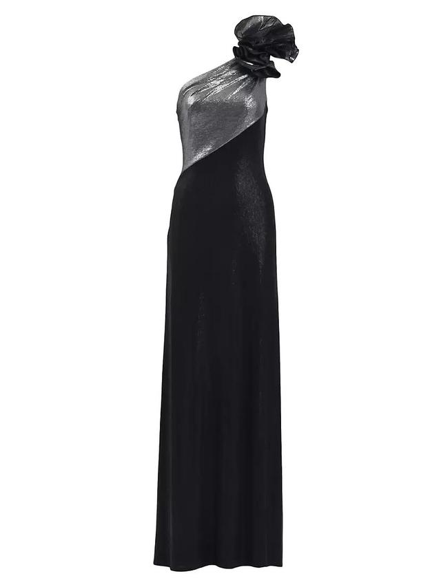 Metallic Jersey One-Shoulder Rosette Gown Product Image