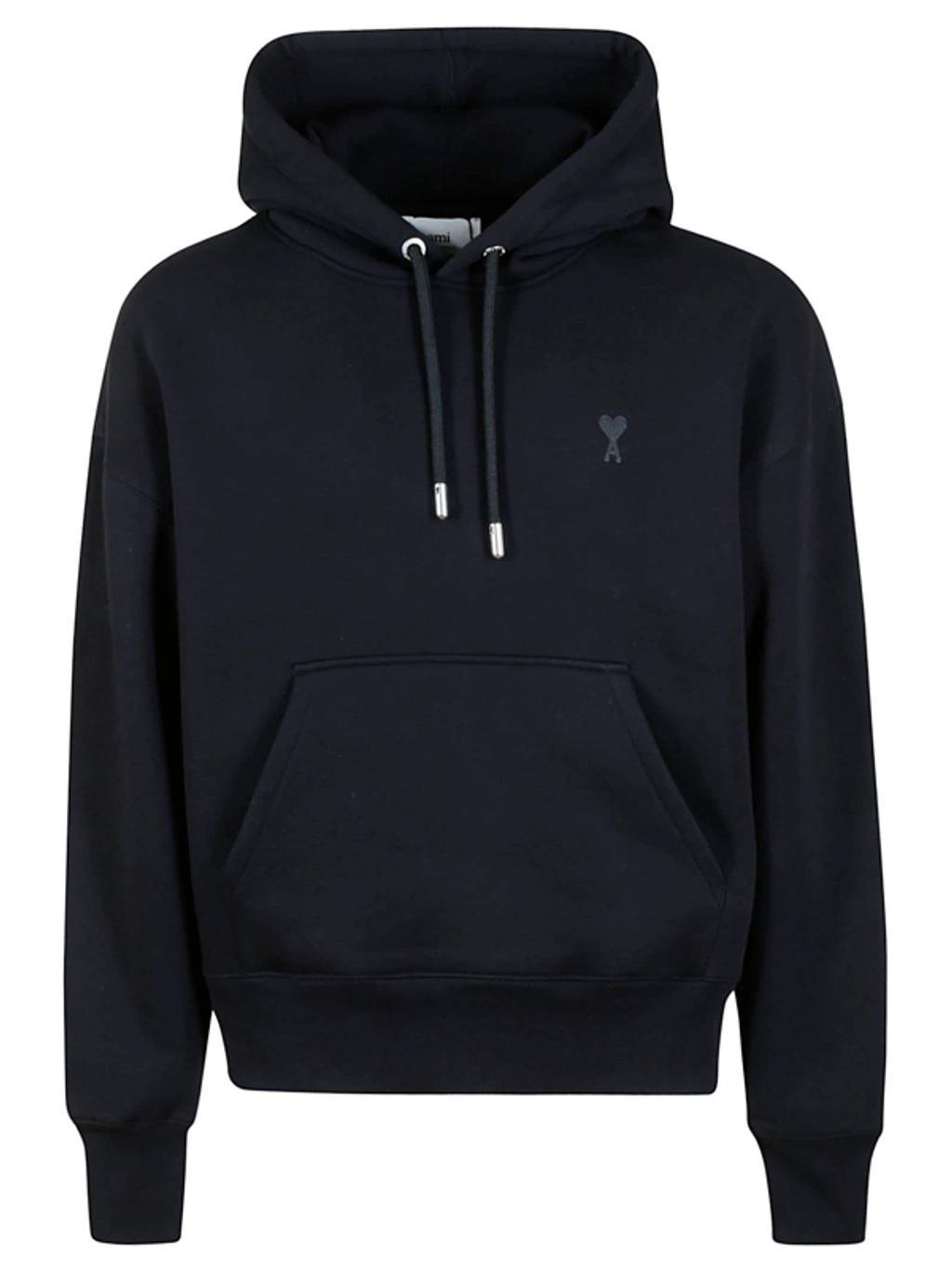 Ami Logo Embroidered Drawstring Hoodie In Black Product Image