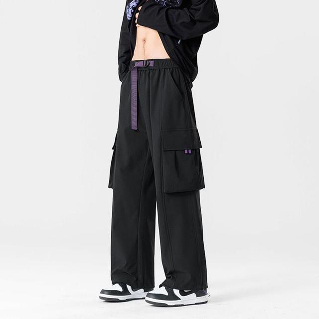 Elastic Waist Buckled Wide Leg Cargo Pants Product Image