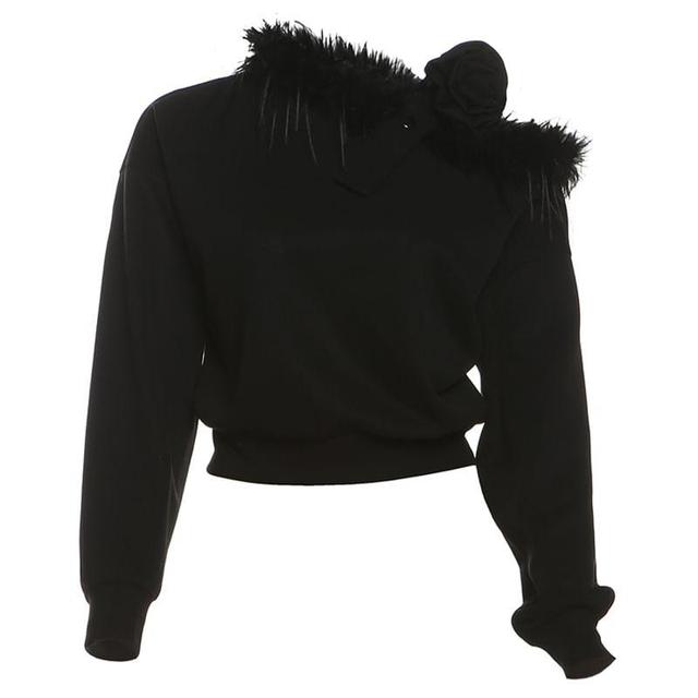 One-Shoulder Plain Fluffy Trim Cropped Pullover Product Image