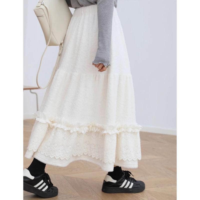 High Waist Plain Ruffle Lace Trim Maxi A-Line Skirt Product Image