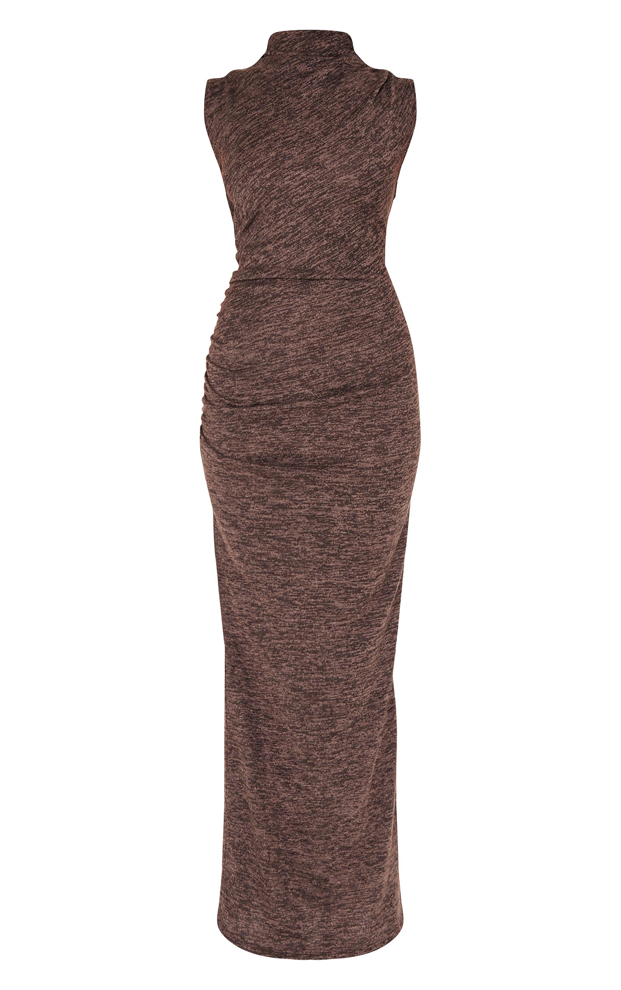 Brown High Neck Ruched Detail Maxi Dress Product Image