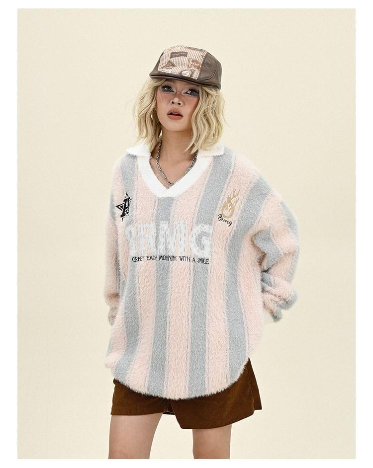 V-Neck Lettering Striped Sweater Product Image