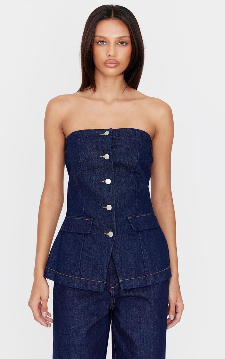 Indigo Strapless Button Down Pocket Detail Denim Top Product Image