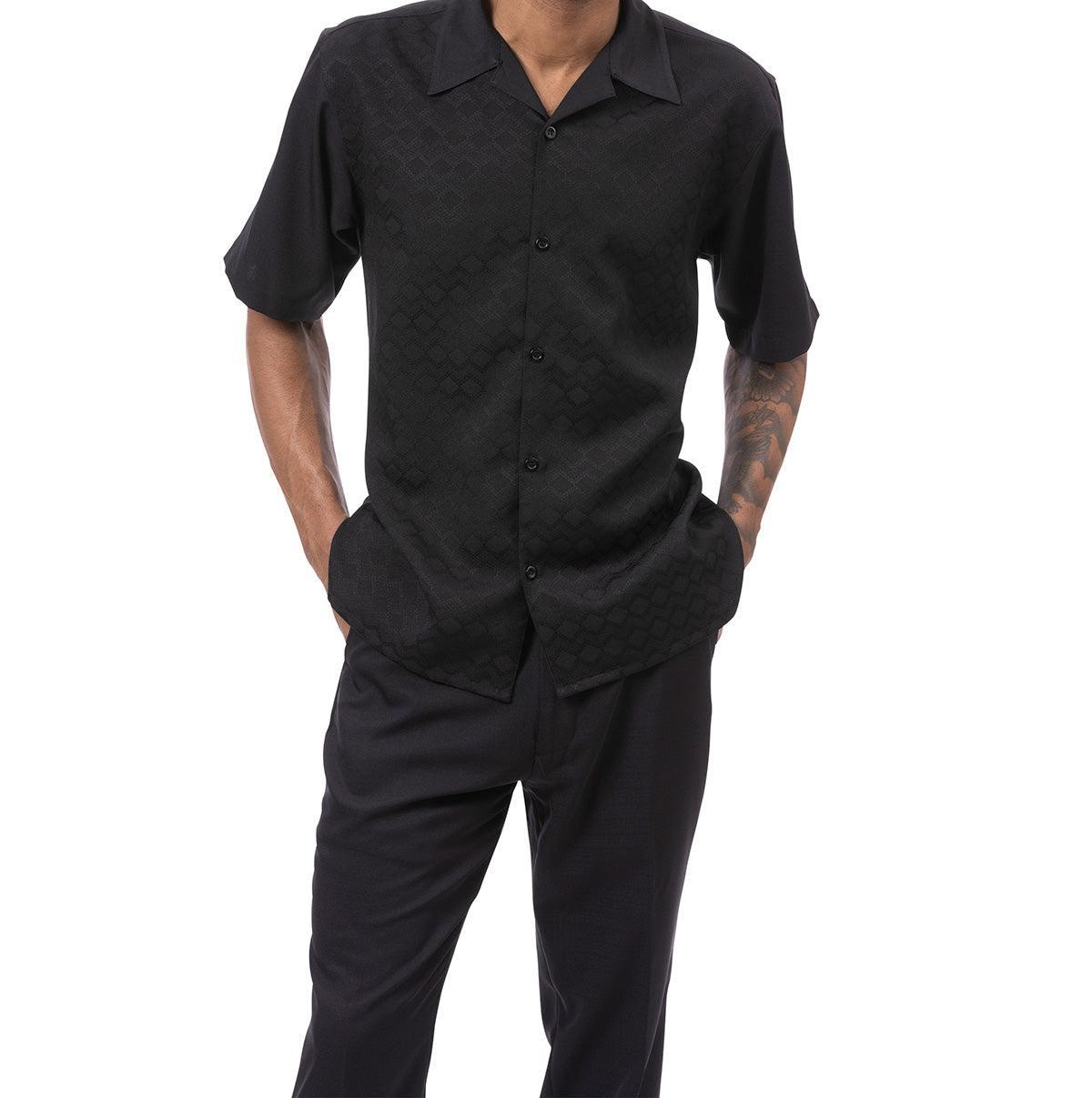 Black Tone-on-tone Walking Suit 2 Piece Short Sleeve Set Product Image