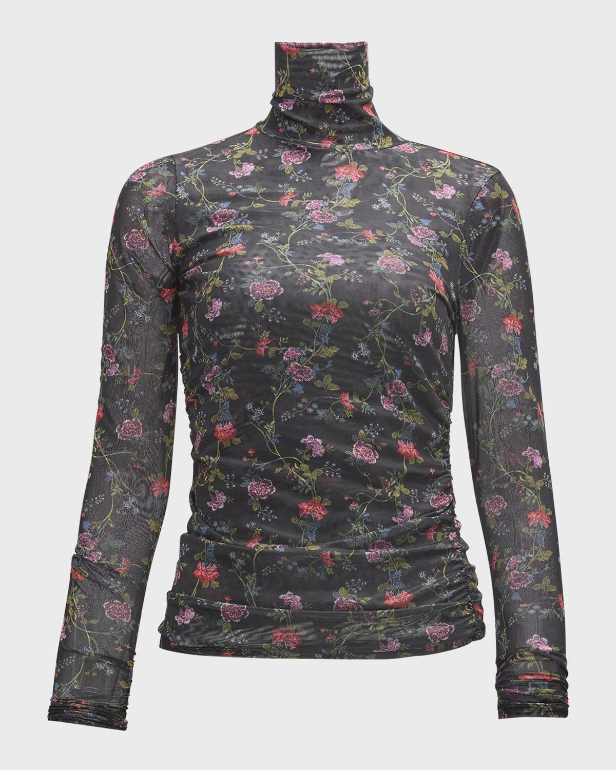 Hana Floral Shirred Mesh Turtleneck Top In Black Multi Product Image