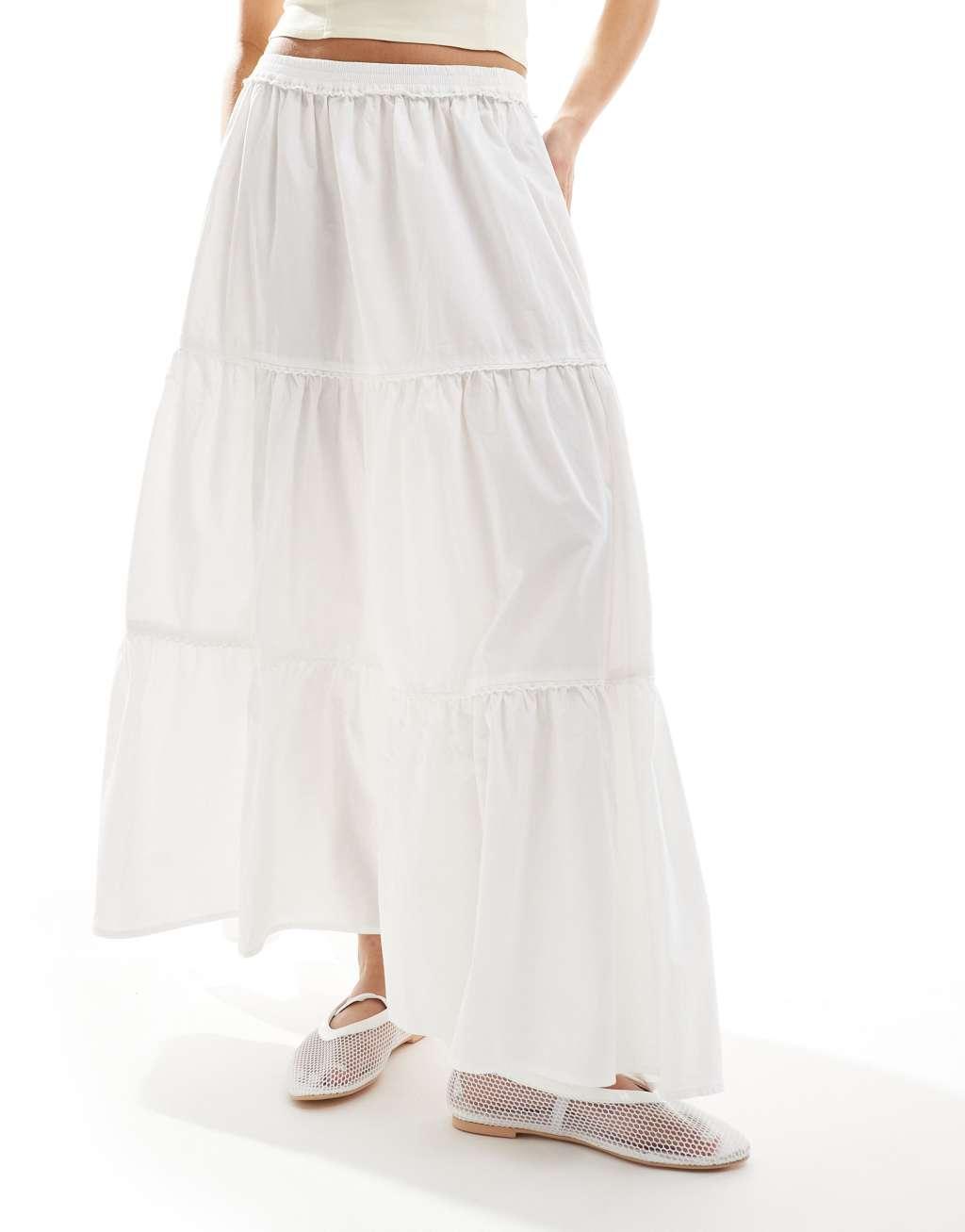 Monki maxi tiered poplin cotton skirt with half elastic waist in white Product Image