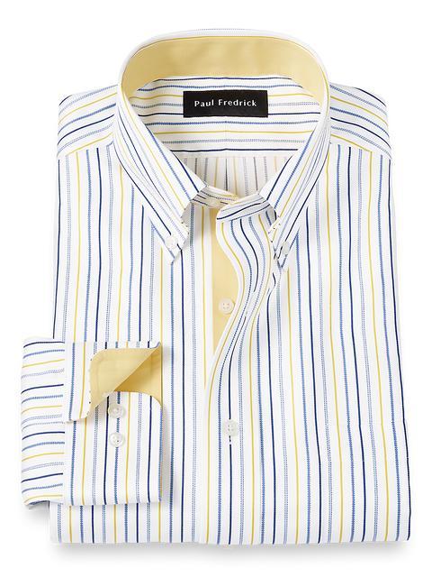 Non-Iron Cotton Stripe Dress Shirt With Contrast Trim - Blue/yellow Product Image