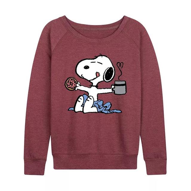 Womens Peanuts Donut Coffee Snoopy Lightweight French Terry Sweatshirt, Girls Grey Dark Red Product Image