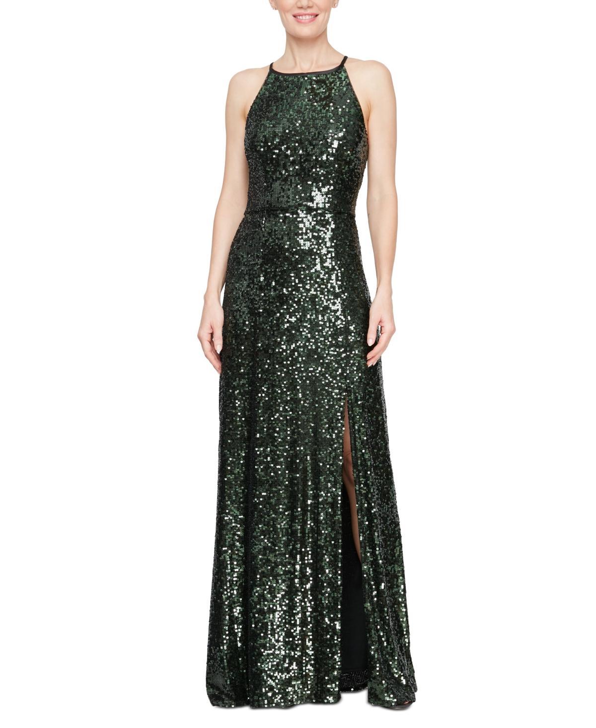 Alex Evenings Womens Halter-Neck Sleeveless Sequined Gown - Black Product Image