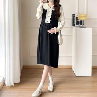 Maternity Puff-Sleeve Collar Two Tone Lace Trim Mock Two-Piece A-Line Dress Product Image