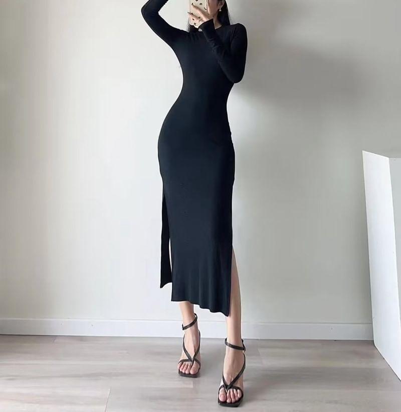 Long-Sleeve Crew Neck Plain Slit Midi Bodycon Dress Product Image