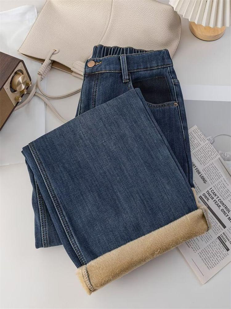 Plus Size Elastic Waist Applique Fleece-Lined Washed Wide Leg Jeans (Various Designs) Product Image