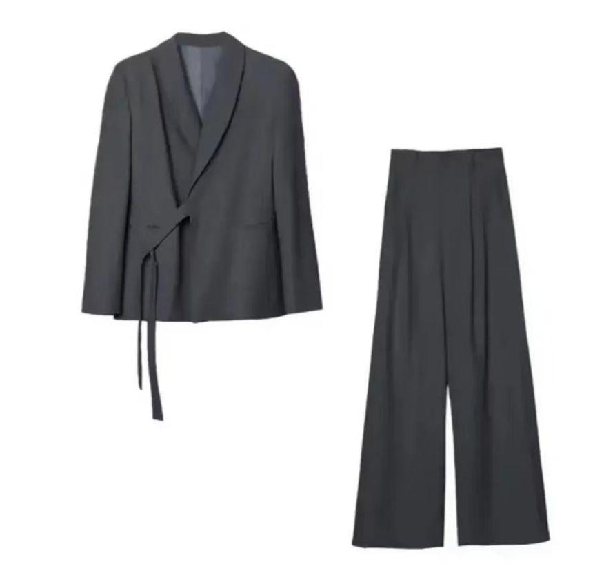 Set: Plain Tie-Strap Blazer + Loose Fit Slacks product image