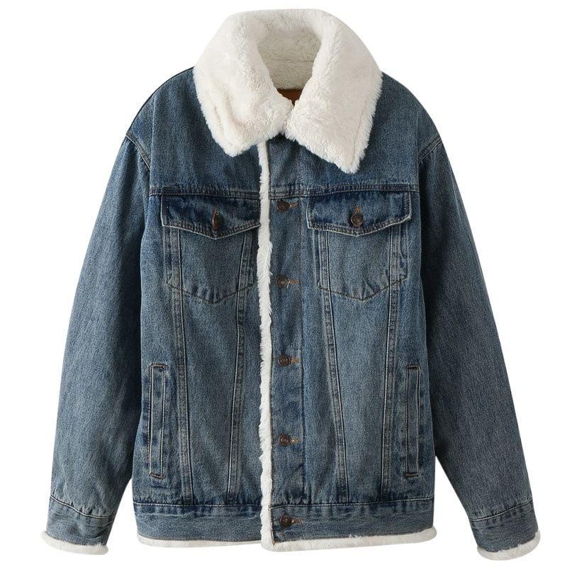 Collar Fleece-Lined Washed Denim Button Jacket Product Image