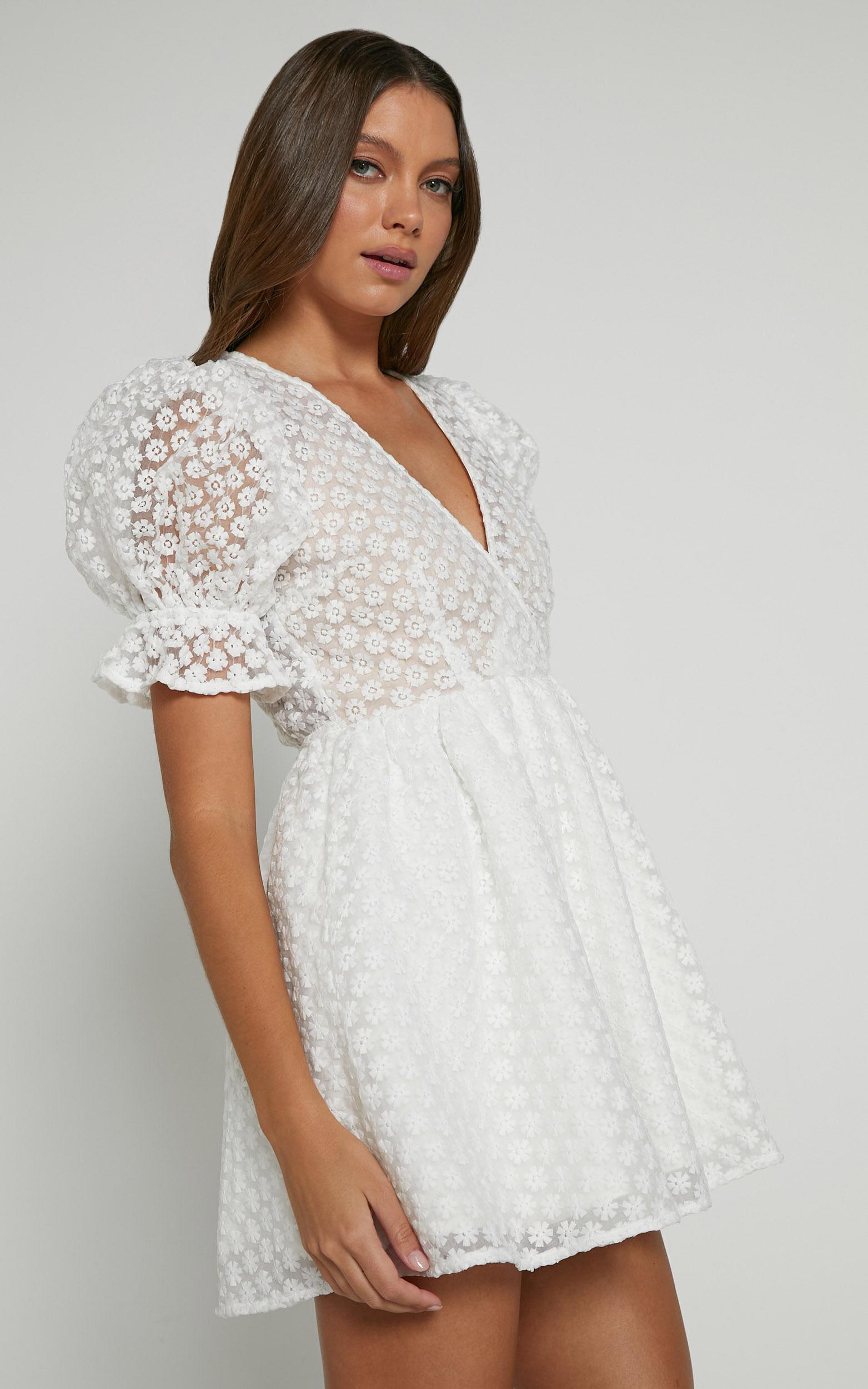 Freya Mini Dress - Puff Sleeve V Neck A Line Dress in White Product Image