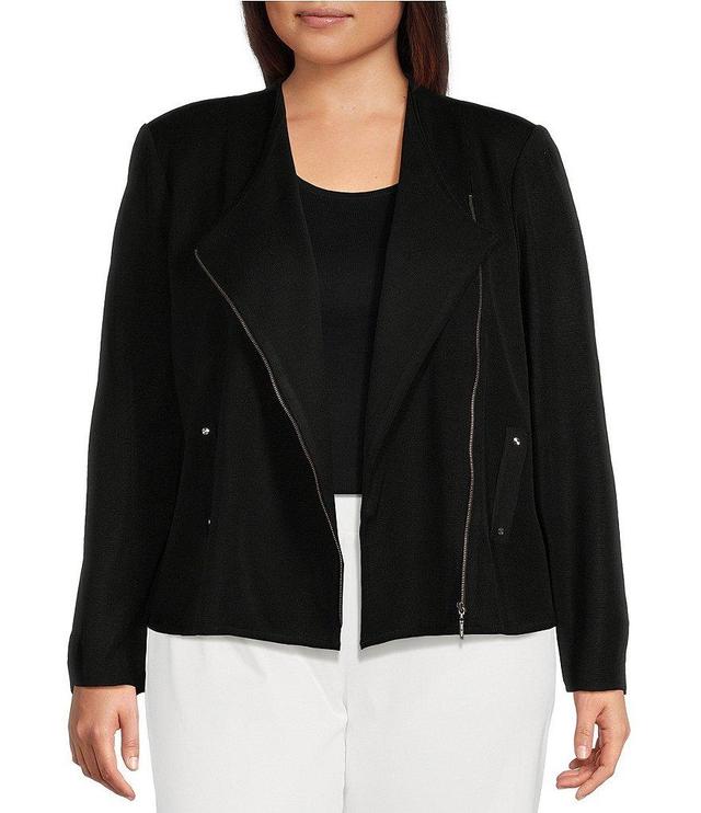 Ming Wang Plus Size Soft Knit Notch Lapel Shoulder Pad Faux Pocket Moto Jacket Product Image