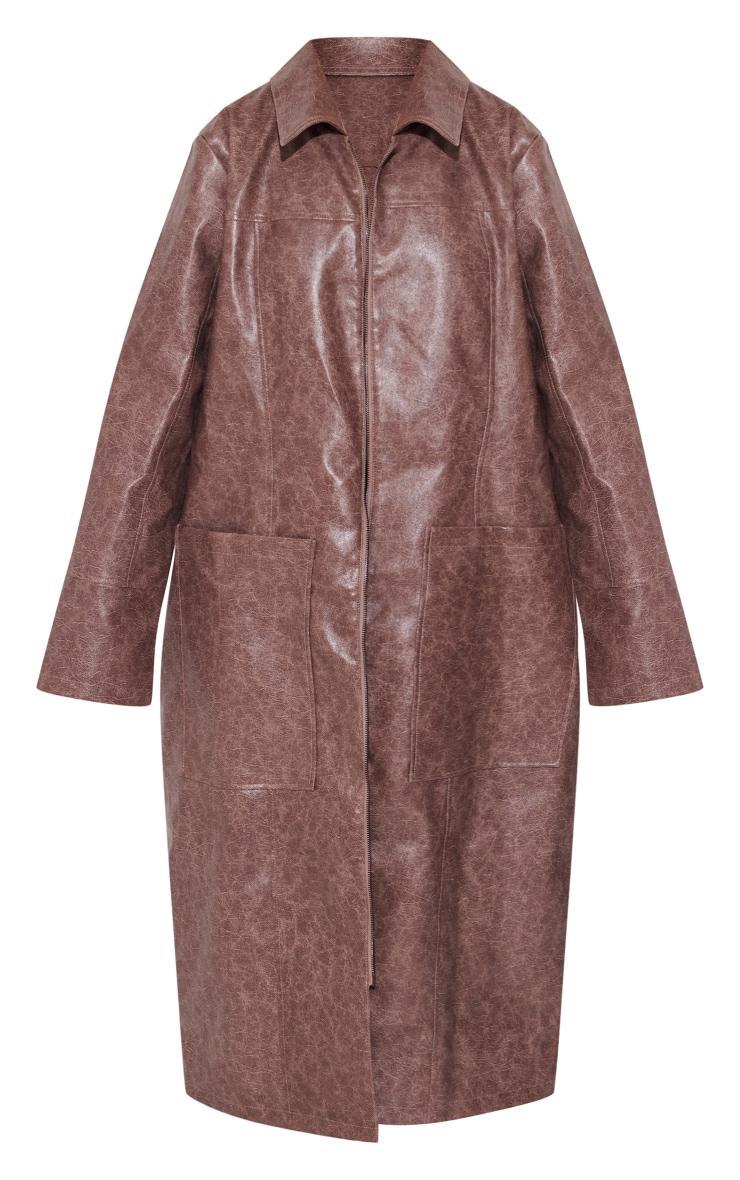 Brown Grained Faux Leather Pocket Front Maxi Coat Product Image