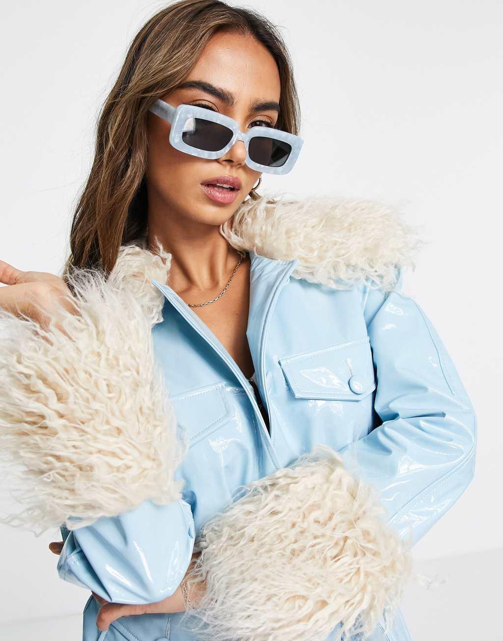 Miss Selfridge shaggy faux fur collar patent tie waist shacket in pale blue  Product Image