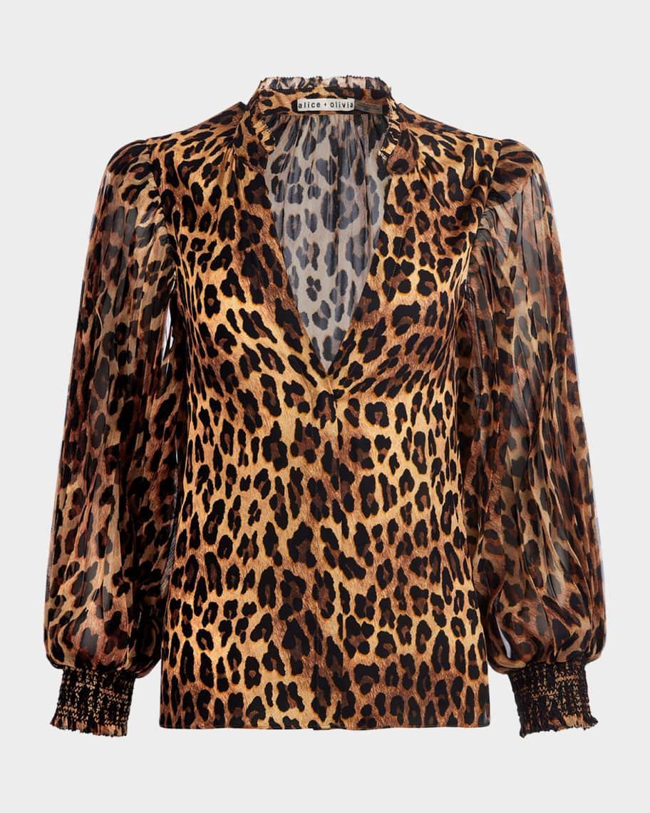 Ilan Leopard Pleated Blouson-Sleeve Blouse product image