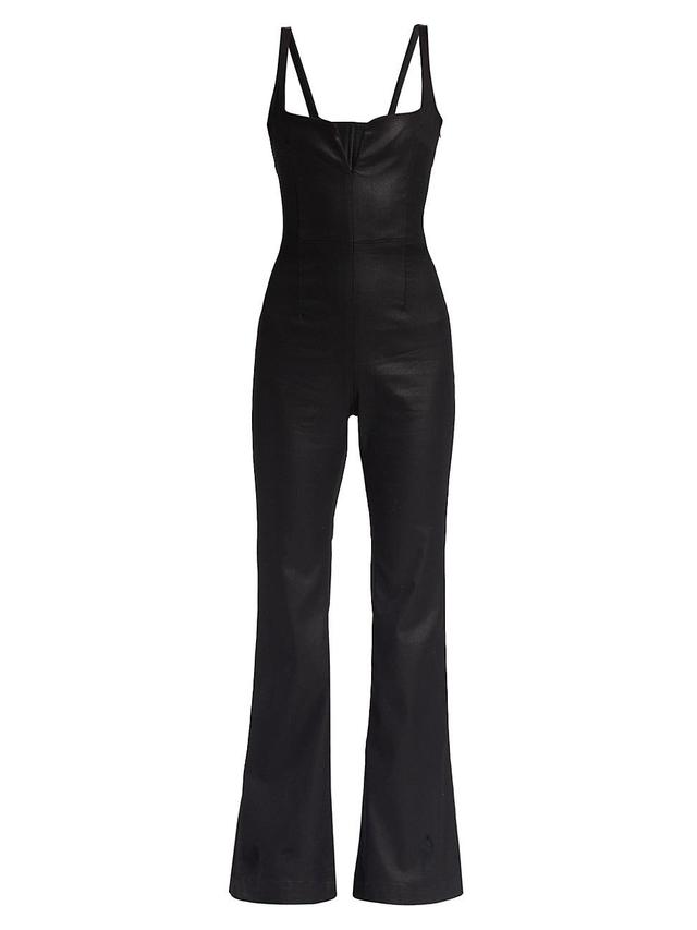 Womens Coated Denim Wide-Leg Jumpsuit Product Image