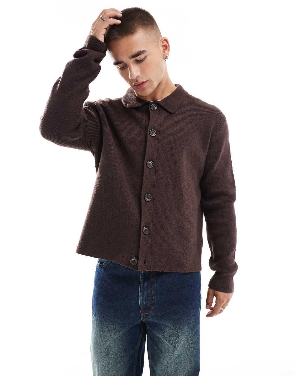 Cotton On grandpa knitted cardigan in chocolate Product Image