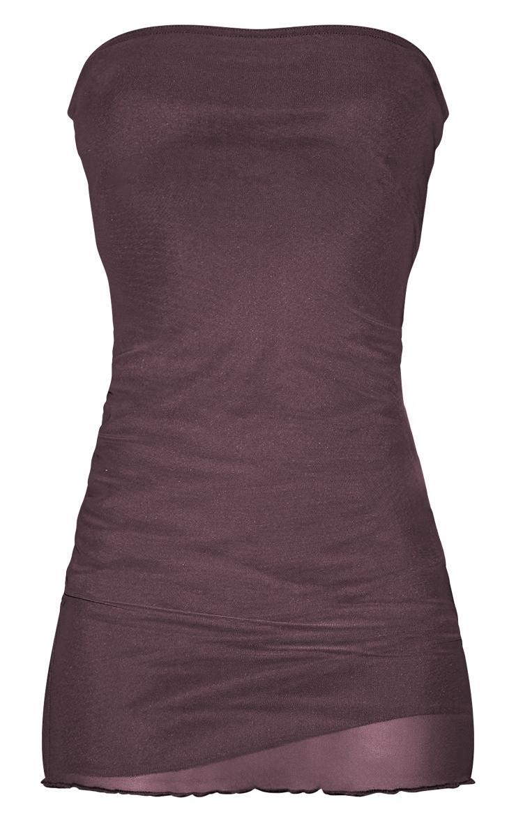 Chocolate Brown Mesh Lined Lettuce Hem Bandeau Bodycon Dress Product Image