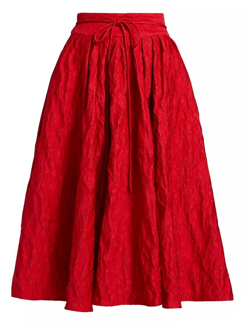 Floral Cloque Tie Pleated Midi-Skirt Product Image