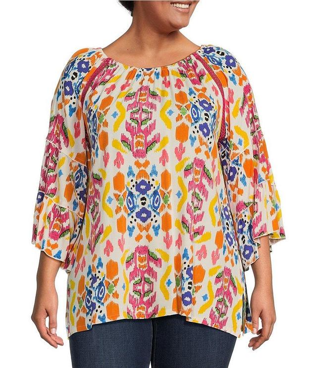 Calessa Plus Size Size Abstract Ikat Print Scoop Neck 3/4 Tiered Sleeve Tunic Product Image