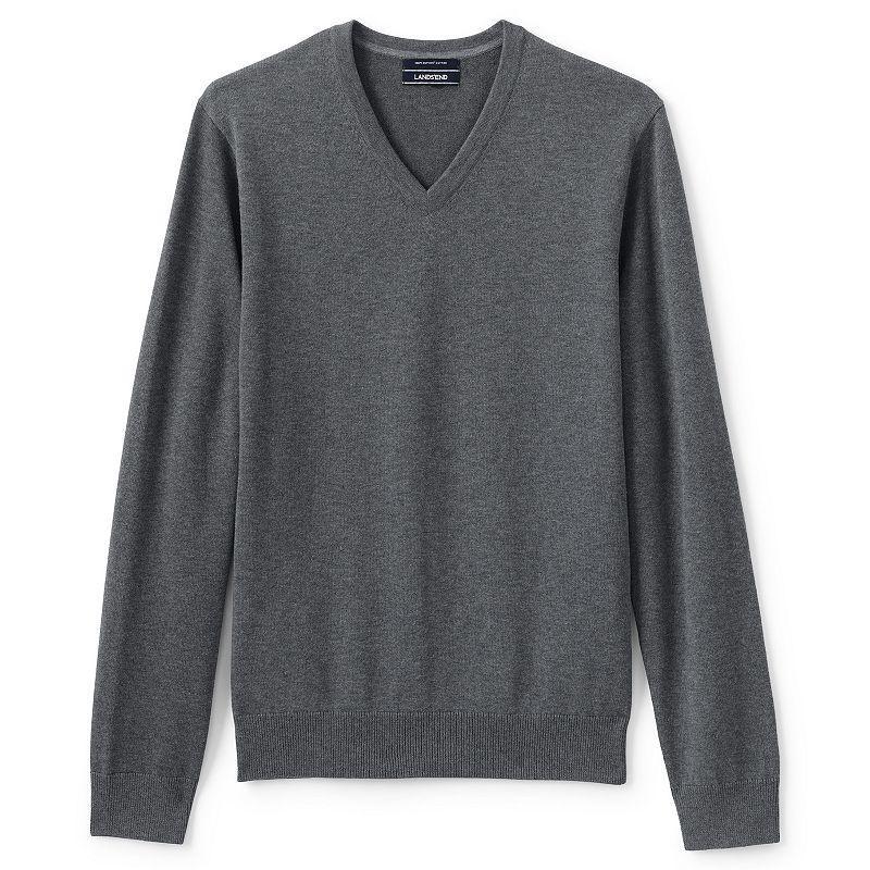 Mens Lands End Classic-Fit Fine-Gauge Supima Cotton V-neck Sweater Grey Product Image