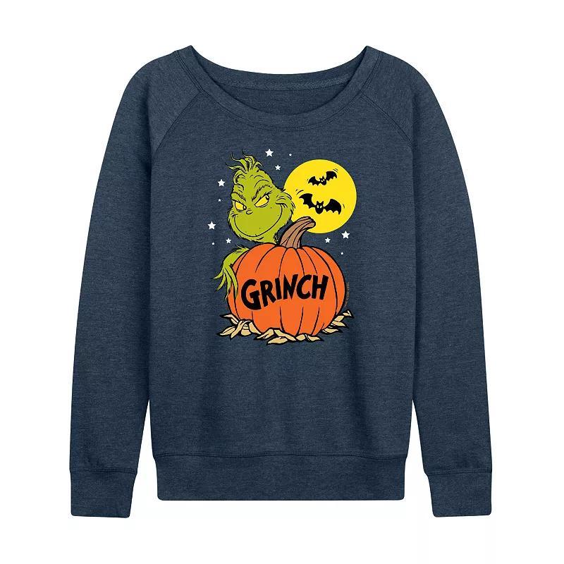 Womens Dr. Seuss Grinch Halloween Pumpkin Lightweight French Terry Sweatshirt Heather Grey Product Image