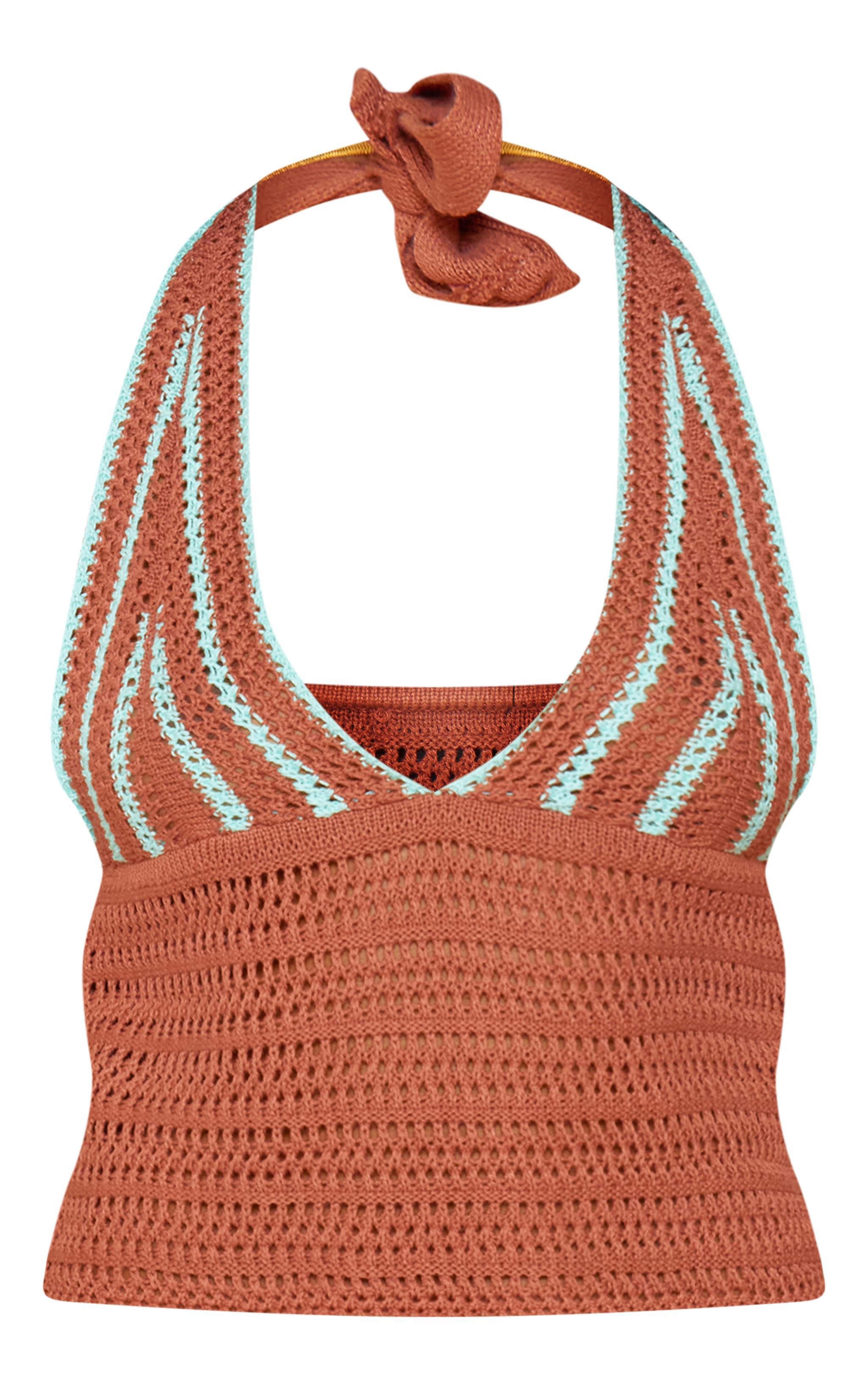 Mocha Stripe Crochet Knit Plunge Crop Top Product Image