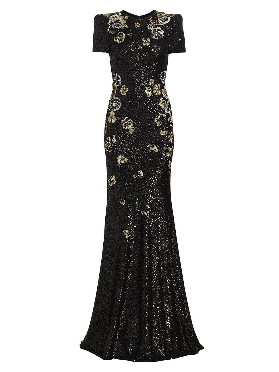 Womens Floral-Embroidered Sequined Gown Product Image