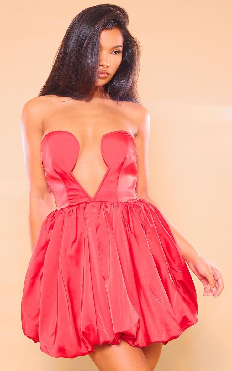 Red Satin Cut Out Detail Puffball Mini Dress Product Image