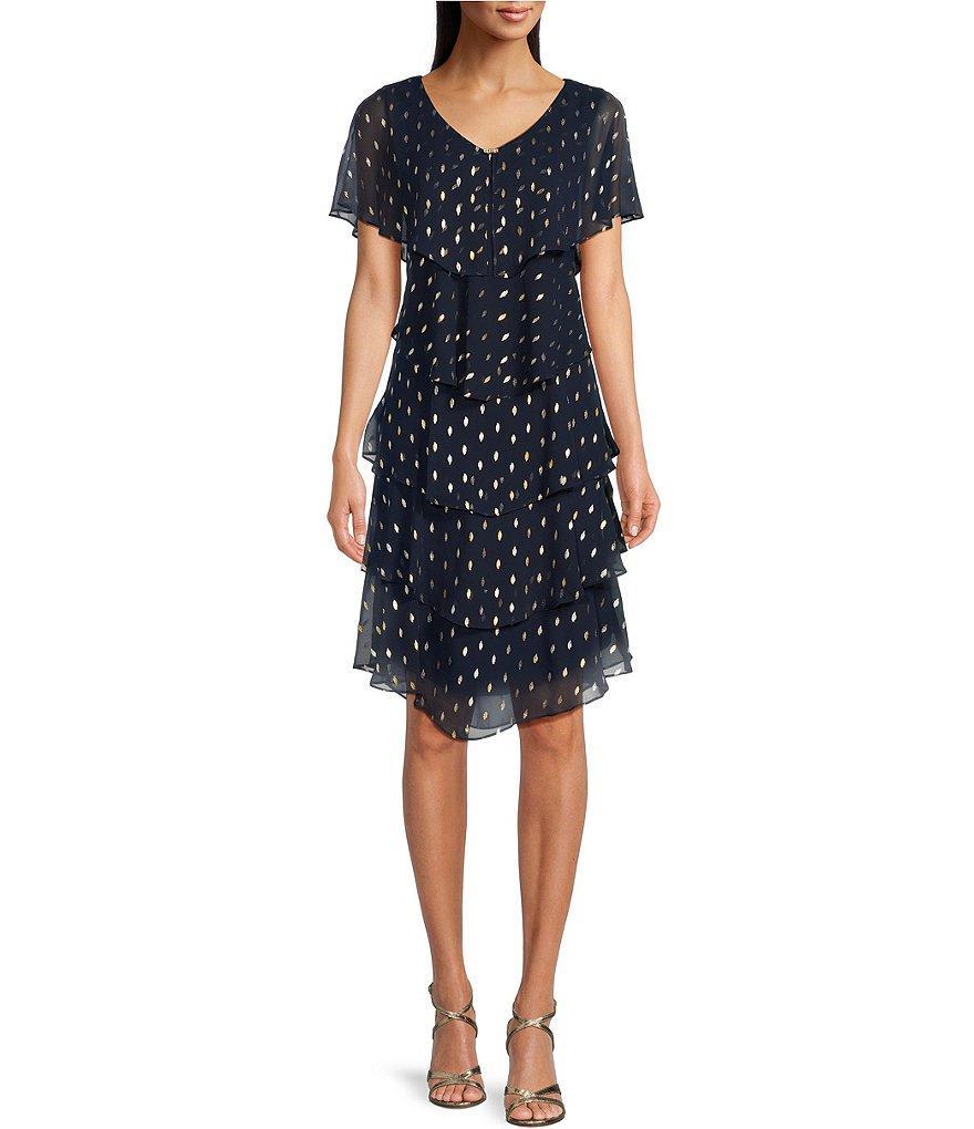 Ignite Evenings Chiffon Metallic Polka Dot Print V-Neck Short Sleeve Tiered Caplet Dress product image