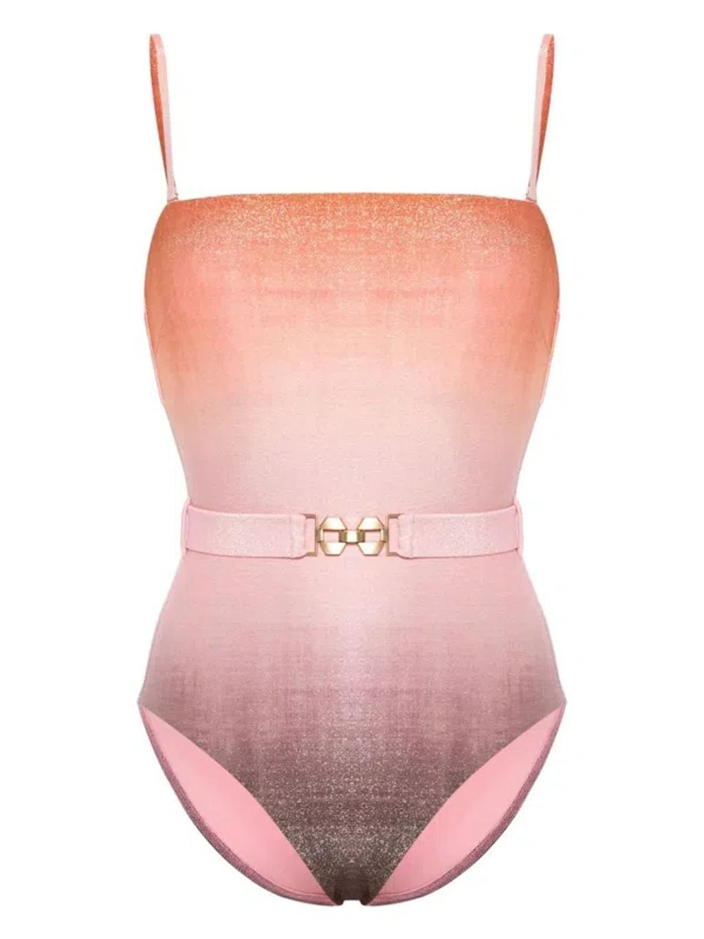 ZIMMERMANN Golden Metallic Bandeau Belted Swimsuit In Pink Product Image