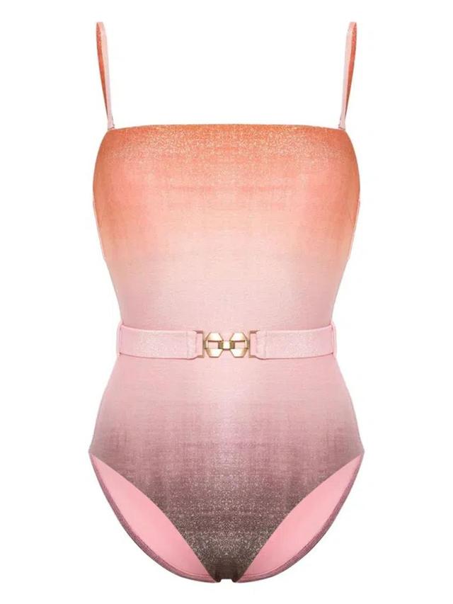 ZIMMERMANN Golden Metallic Bandeau Belted Swimsuit In Pink Product Image