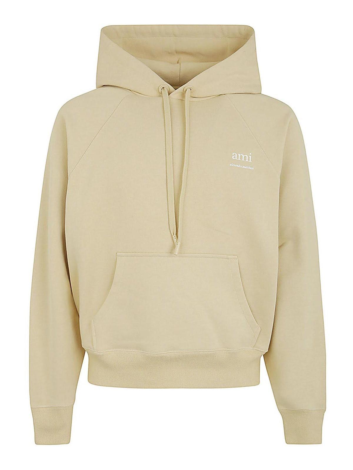 Ami Paris Logo Patch Drawstring Hoodie In White Product Image