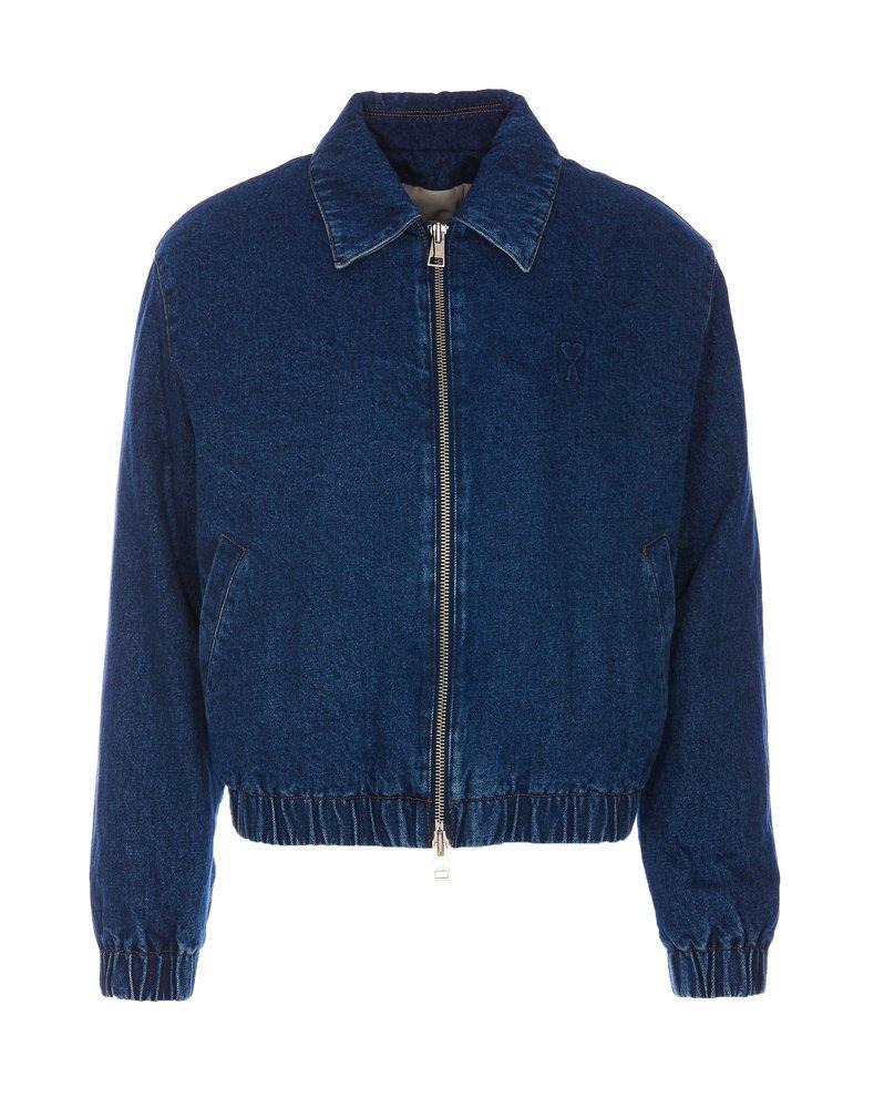 Ami Paris Ami De Coeur Zipped Denim Jacket In Blue Product Image