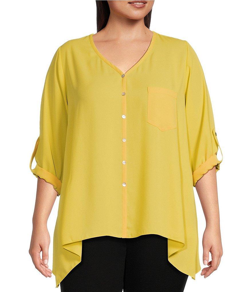 Karen Kane Plus Size V-Neck 3/4 Roll Up Sleeve Chest Pocket Asymmetrical Hem Button Up Blouse Product Image