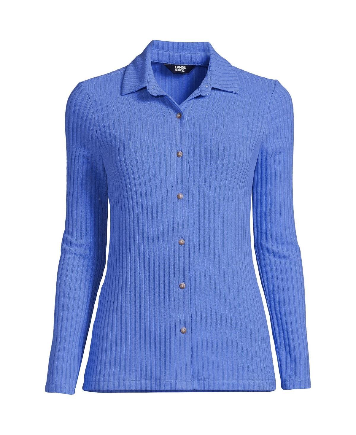 Plus Size Lands End Long Sleeve Wide Rib Button Front Polo Shirt, Womens Dark Blue Product Image